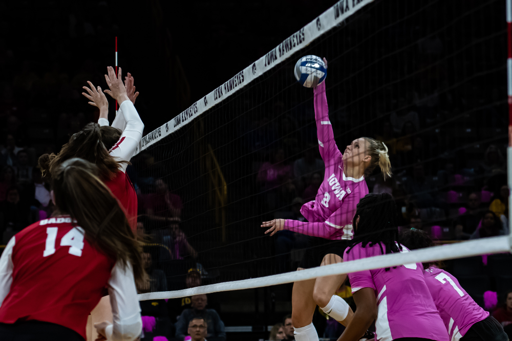 Iowa Hawkeyes right side hitter Reghan Coyle (8) against the Wisconsin Badgers Saturday, October 6, 2018 at Carver-Hawkeye Arena. (Clem Messerli/Iowa Sports Pictures)