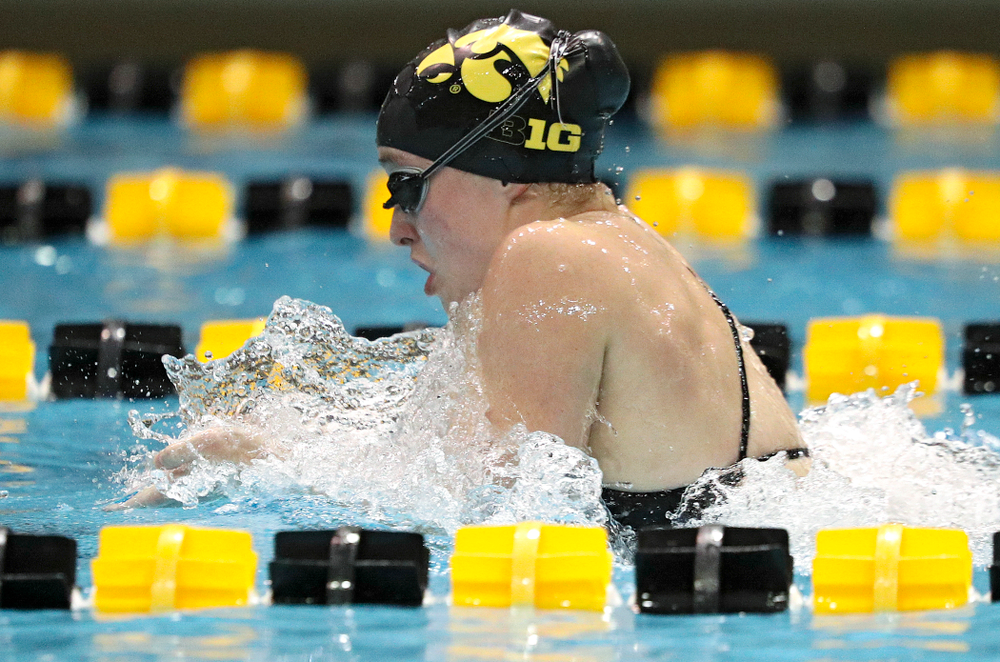 Iowa’s Kelsey Drake swims the breststroke section of the 100-yard individual medley event during their meet against Michigan State at the Campus Recreation and Wellness Center in Iowa City on Thursday, Oct 3, 2019. (Stephen Mally/hawkeyesports.com)