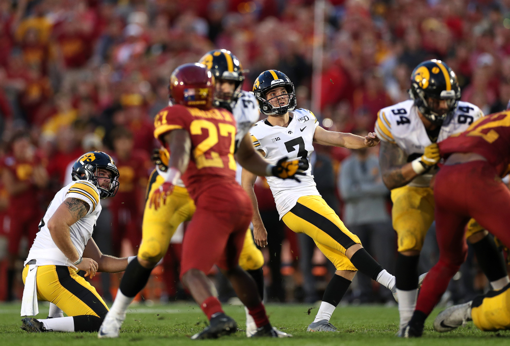 Iowa Hawkeyes place kicker Keith Duncan (3) kicks a field goal against the Iowa State Cyclones Saturday, September 14, 2019 in Ames, Iowa. (Brian Ray/hawkeyesports.com)