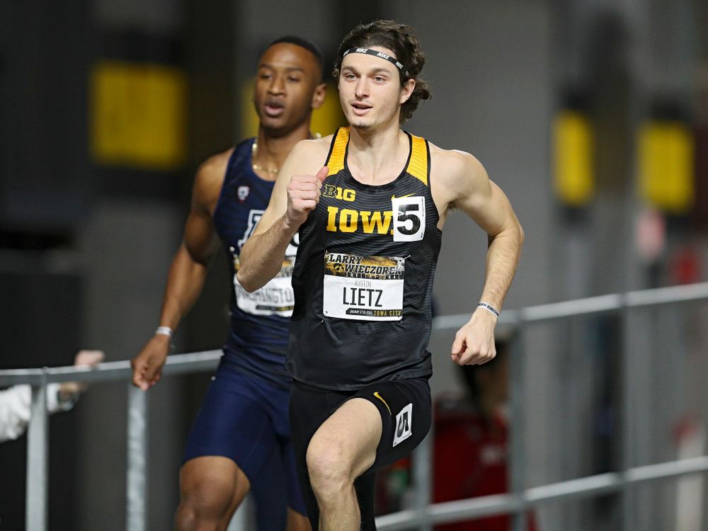 Iowa’s Austin Lietz runs the men’s 600 meter run premier event during the Larry Wieczorek Invitational at the Recreation Building in Iowa City on Friday, January 17, 2020. (Stephen Mally/hawkeyesports.com)