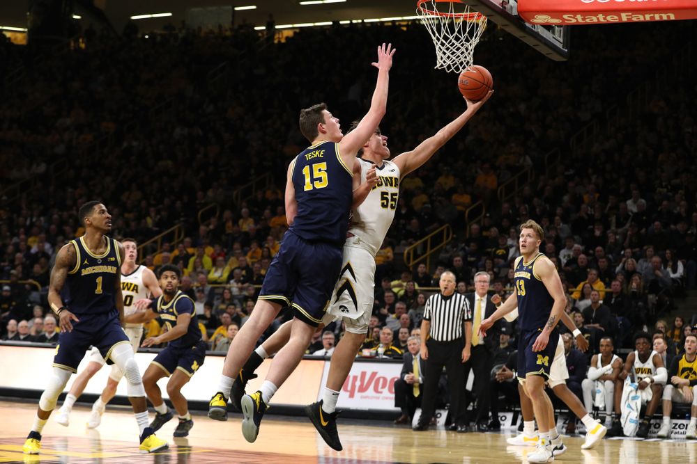 Iowa Hawkeyes forward Luka Garza (55) against the Michigan Wolverines Friday, February 1, 2019 at Carver-Hawkeye Arena. (Brian Ray/hawkeyesports.com)