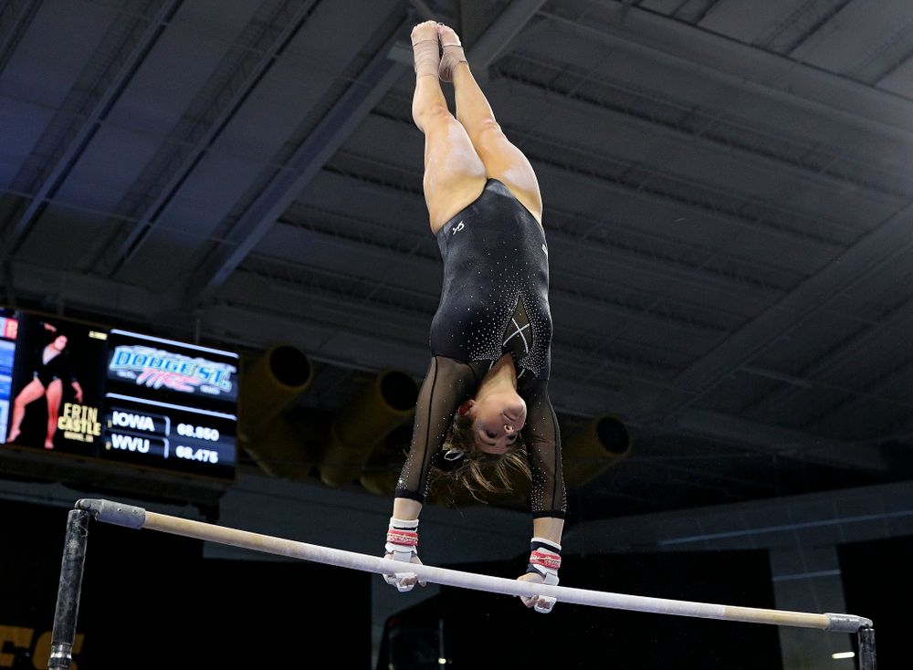 Iowa’s Erin Castle competes on the bars during their meet at Carver-Hawkeye Arena in Iowa City on Sunday, March 8, 2020. (Stephen Mally/hawkeyesports.com)