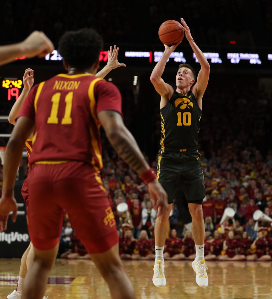 Iowa Hawkeyes guard Joe Wieskamp (10) against the Iowa State Cyclones Thursday, December 12, 2019 at Hilton Coliseum in Ames, Iowa(Brian Ray/hawkeyesports.com)