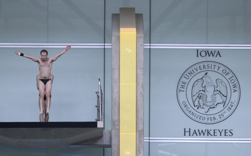 Iowa's Anton Hoherz competes on the platform during the 2019 Big Ten Men's Swimming and Diving Championships Saturday, March 2, 2019 at the Campus Wellness and Recreation Center. (Brian Ray/hawkeyesports.com)