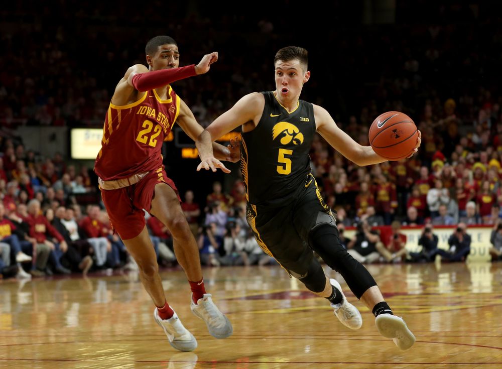 Iowa Hawkeyes guard CJ Fredrick (5) against the Iowa State Cyclones Thursday, December 12, 2019 at Hilton Coliseum in Ames, Iowa(Brian Ray/hawkeyesports.com)