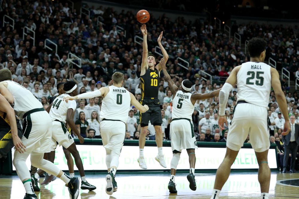 Iowa Hawkeyes guard Joe Wieskamp (10) against Michigan State Tuesday, February 25, 2020 at the Breslin Center in East Lansing, MI. (Brian Ray/hawkeyesports.com)