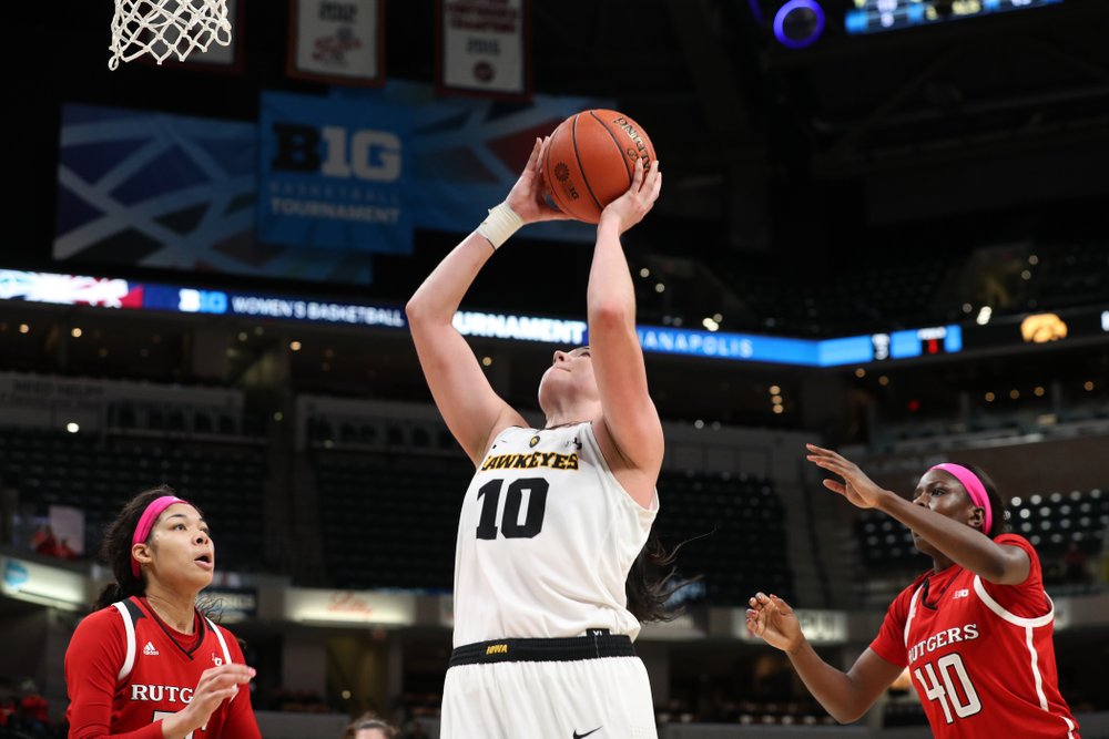 Iowa Hawkeyes forward Megan Gustafson (10) against the Rutgers Scarlet Knights in the semi-finals of the Big Ten Tournament Saturday, March 9, 2019 at Bankers Life Fieldhouse in Indianapolis, Ind. (Brian Ray/hawkeyesports.com)