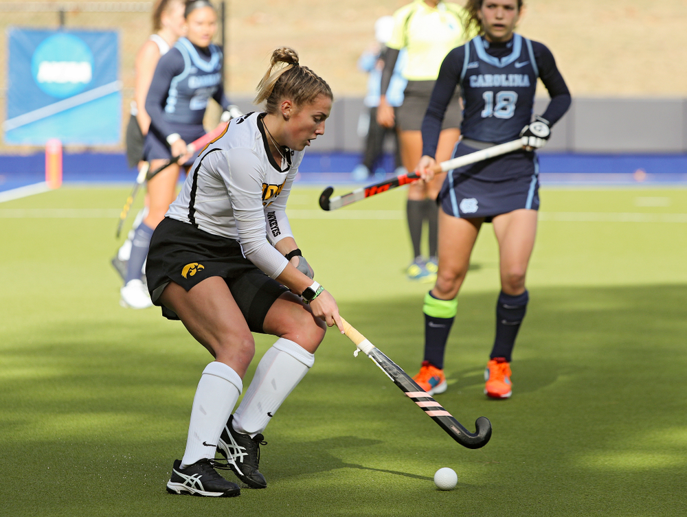 Iowa’s Leah Zellner (13) spins with the ball during the second quarter of their NCAA Tournament Second Round match against North Carolina at Karen Shelton Stadium in Chapel Hill, N.C. on Sunday, Nov 17, 2019. (Stephen Mally/hawkeyesports.com)