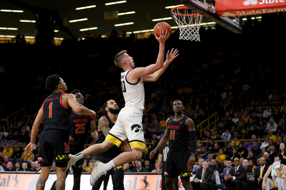 Iowa Hawkeyes guard Joe Wieskamp (10) draws a foul as he makes a basket against the Maryland Terrapins Friday, January 10, 2020 at Carver-Hawkeye Arena. (Brian Ray/hawkeyesports.com)