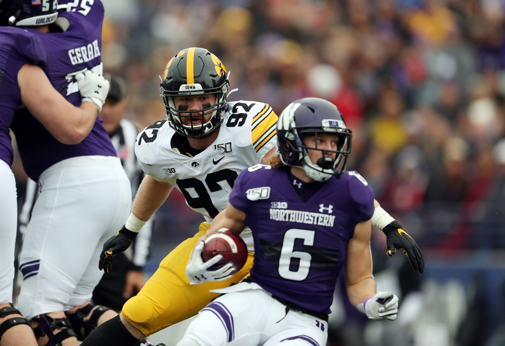 Iowa Hawkeyes defensive lineman John Waggoner (92) against the Northwestern Wildcats Saturday, October 26, 2019 at Ryan Field in Evanston, Ill. (Brian Ray/hawkeyesports.com)