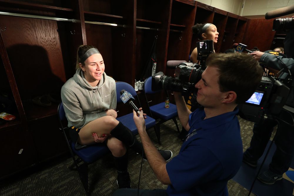 Iowa Hawkeyes forward Hannah Stewart (21) during media and practice as they prepare for their Sweet 16 matchup against NC State Friday, March 29, 2019 at the Greensboro Coliseum in Greensboro, NC.(Brian Ray/hawkeyesports.com)