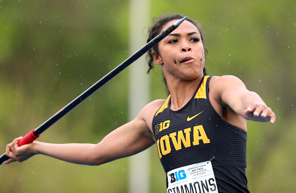 Iowa's Tria Simmons throws in the women’s javelin in the heptathlon event on the second day of the Big Ten Outdoor Track and Field Championships at Francis X. Cretzmeyer Track in Iowa City on Saturday, May. 11, 2019. (Stephen Mally/hawkeyesports.com)