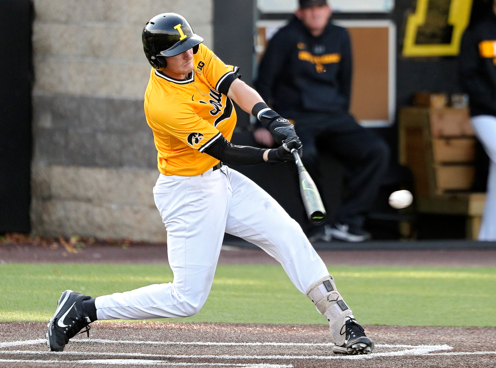 Iowa infielder Brendan Sher (2) drives a pitch for a hit during the fourth inning of the first game of the Black and Gold Fall World Series at Duane Banks Field in Iowa City on Tuesday, Oct 15, 2019. (Stephen Mally/hawkeyesports.com)