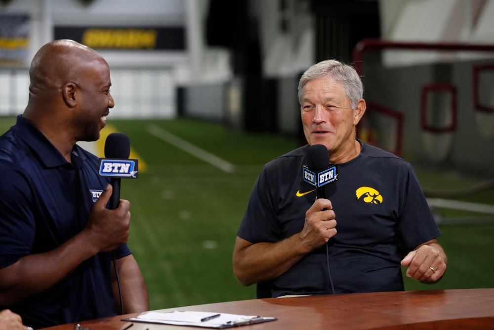 Iowa Hawkeyes head coach Kirk Ferentz on the Big Ten Network set Monday, August 20, 2018 at the Hansen Football Performance Center. (Brian Ray/hawkeyesports.com)