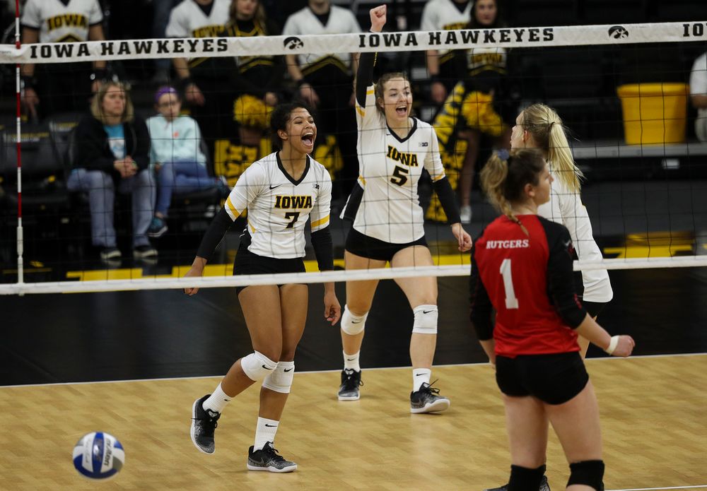Iowa Hawkeyes setter Brie Orr (7) celebrates after winning a point during a match against Rutgers at Carver-Hawkeye Arena on November 2, 2018. (Tork Mason/hawkeyesports.com)