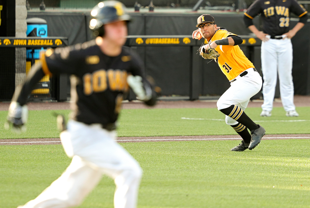 Iowa infielder Matthew Sosa (31) throws to first after fielding a bunt during the fifth inning of the first game of the Black and Gold Fall World Series at Duane Banks Field in Iowa City on Tuesday, Oct 15, 2019. (Stephen Mally/hawkeyesports.com)