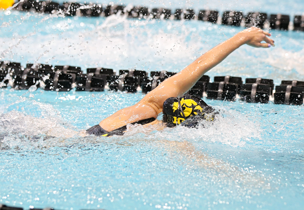 Iowa’s Meghan Hackett swims in the women’s 100 yard freestyle preliminary event during the 2020 Women’s Big Ten Swimming and Diving Championships at the Campus Recreation and Wellness Center in Iowa City on Saturday, February 22, 2020. (Stephen Mally/hawkeyesports.com)