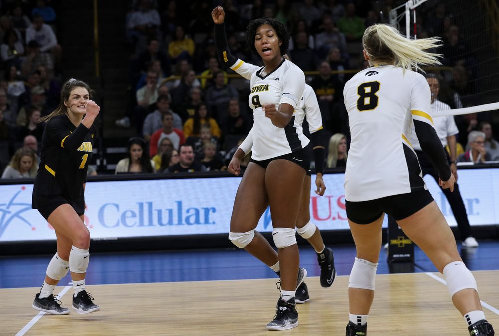 Iowa Hawkeyes middle blocker Amiya Jones (9) celebrates after winning a point during a match against Penn State at Carver-Hawkeye Arena on November 3, 2018. (Tork Mason/hawkeyesports.com)