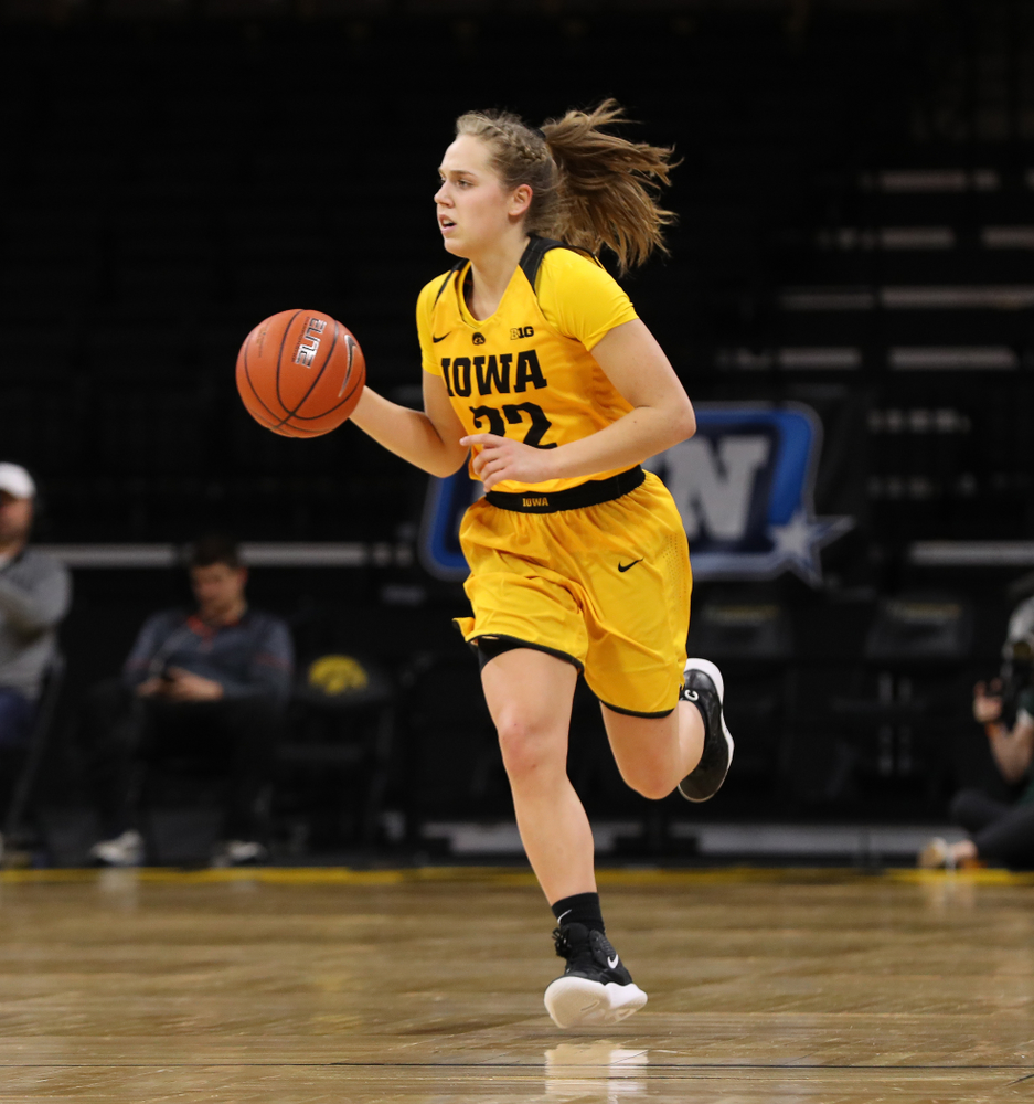 Iowa Hawkeyes guard Kathleen Doyle (22) against the Michigan State Spartans Thursday, February 7, 2019 at Carver-Hawkeye Arena. (Brian Ray/hawkeyesports.com)
