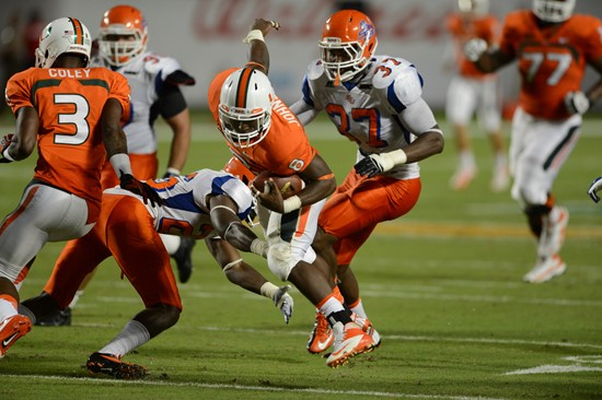 Duke Johnson #8 and the 14th ranked University of Miami Hurricanes will play the Georgia Tech Yellow Jackets at Sun Life Stadium on October 5, 2013. ...