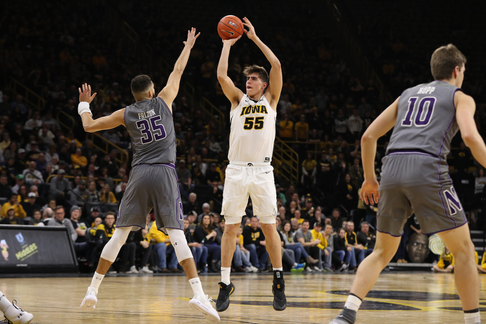 Iowa Hawkeyes forward Luka Garza (55) against the Northwestern Wildcats Sunday, February 10, 2019 at Carver-Hawkeye Arena. (Brian Ray/hawkeyesports.com)
