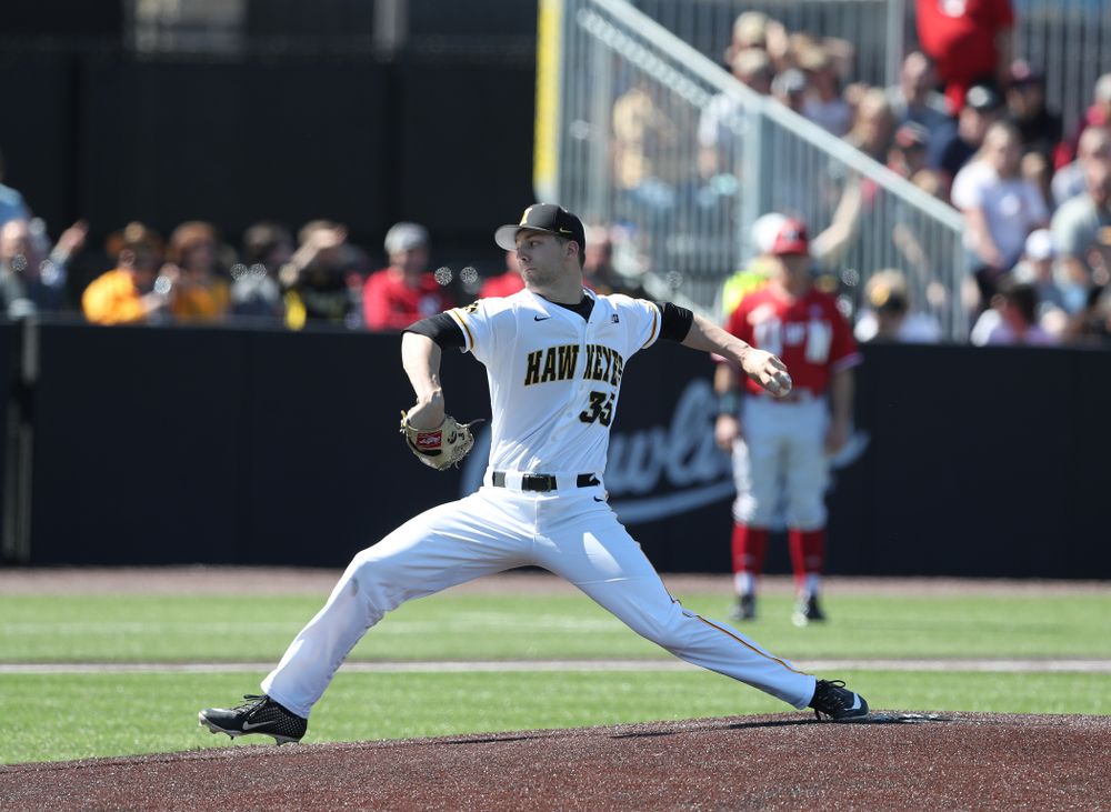 Iowa Hawkeyes Cam Baumann (35) against the Nebraska Cornhuskers Saturday, April 20, 2019 at Duane Banks Field. (Brian Ray/hawkeyesports.com)