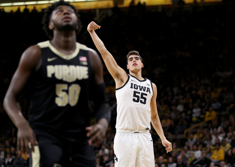Iowa Hawkeyes forward Luka Garza (55) against the Purdue Boilermakers Tuesday, March 3, 2020 at Carver-Hawkeye Arena. (Brian Ray/hawkeyesports.com)
