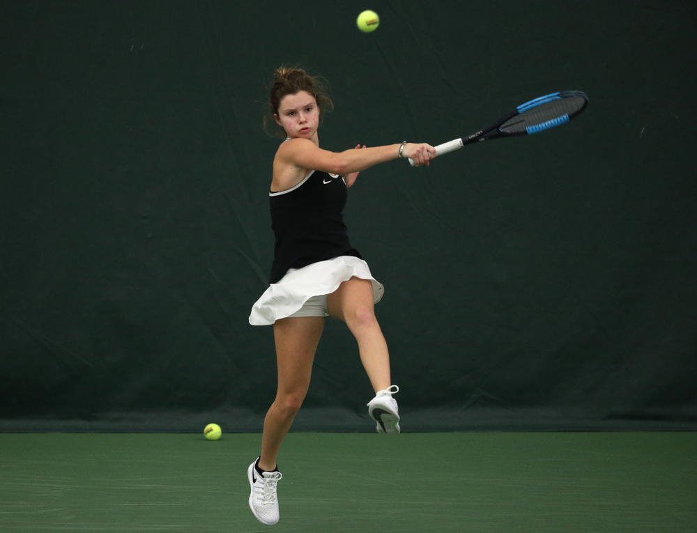 Iowa's Cloe Ruette during a doubles match against North Texas Sunday, January 20, 2019 at the Hawkeye Tennis and Recreation Center. (Brian Ray/hawkeyesports.com)