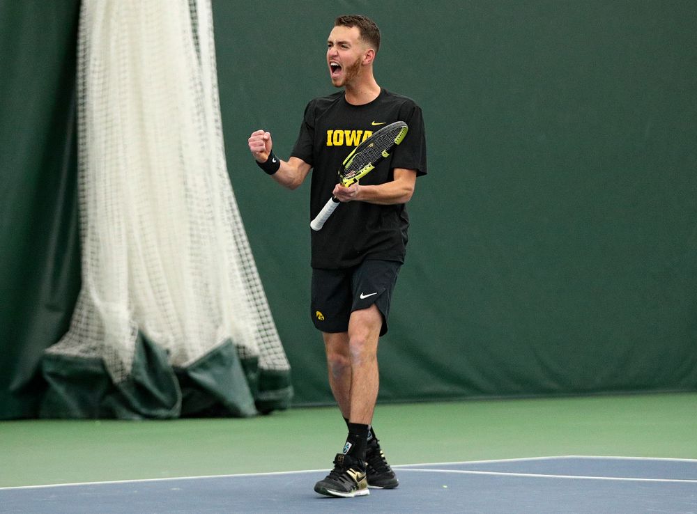 Iowa’s Kareem Allaf celebrates during his doubles match at the Hawkeye Tennis and Recreation Complex in Iowa City on Friday, February 14, 2020. (Stephen Mally/hawkeyesports.com)
