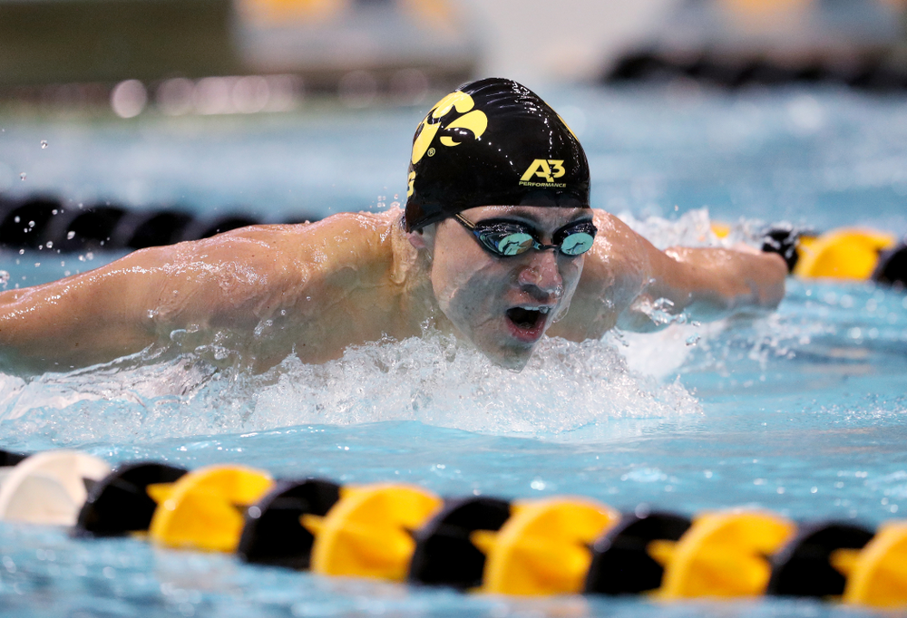 IowaÕs Michael Tenney competes in the 200 yard butterfly against Notre Dame and Illinois Saturday, January 11, 2020 at the Campus Recreation and Wellness Center. (Brian Ray/hawkeyesports.com)