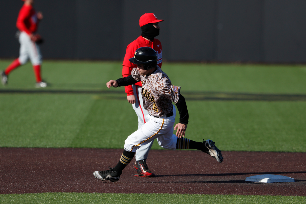 Iowa Hawkeyes outfielder Justin Jenkins (6) against the Ohio State Buckeyes Saturday, April 7, 2018 at Duane Banks Field. (Brian Ray/hawkeyesports.com)