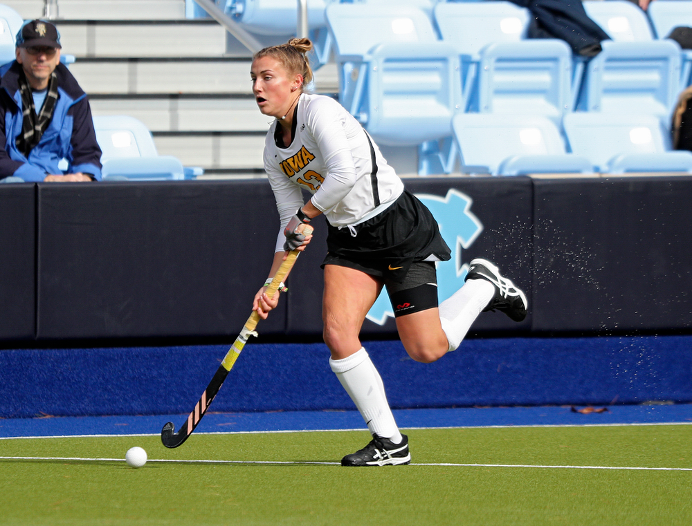Iowa’s Leah Zellner (13) moves with the ball during the first quarter of their NCAA Tournament Second Round match against North Carolina at Karen Shelton Stadium in Chapel Hill, N.C. on Sunday, Nov 17, 2019. (Stephen Mally/hawkeyesports.com)