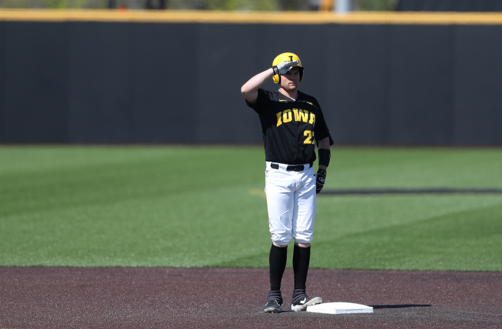 Iowa Hawkeyes Tanner Padgett (22) solutes after doubling during game two against UC Irvine Saturday, May 4, 2019 at Duane Banks Field. (Brian Ray/hawkeyesports.com)
