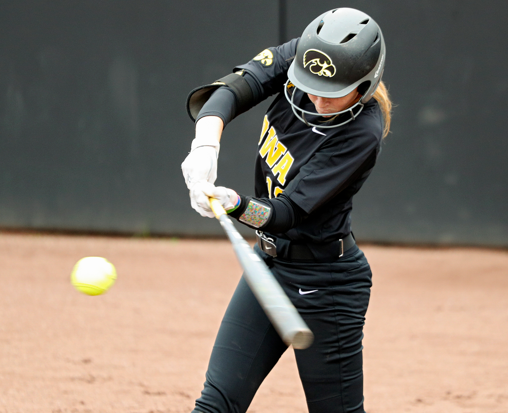 Iowa’s Ashley Hamilton (18) bats during the fourth inning of their game against Iowa Softball vs Indian Hills Community College at Pearl Field in Iowa City on Sunday, Oct 6, 2019. (Stephen Mally/hawkeyesports.com)