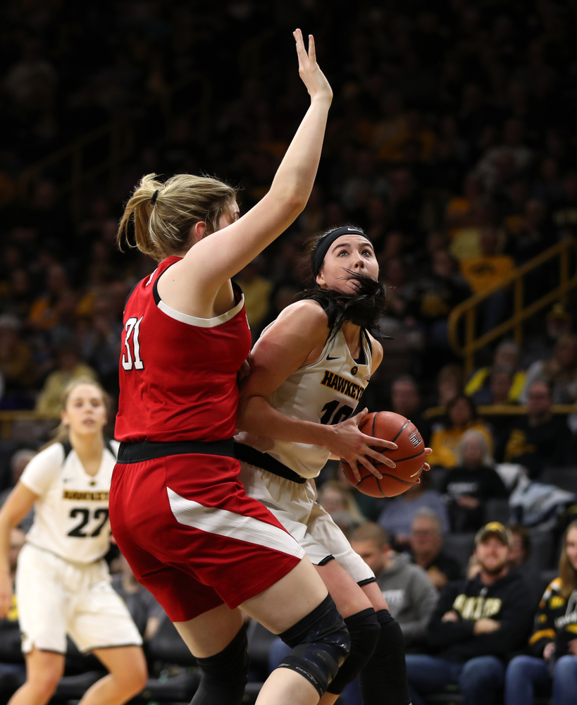 Iowa Hawkeyes forward Megan Gustafson (10) against the Nebraska Cornhuskers Thursday, January 3, 2019 at Carver-Hawkeye Arena. (Brian Ray/hawkeyesports.com)