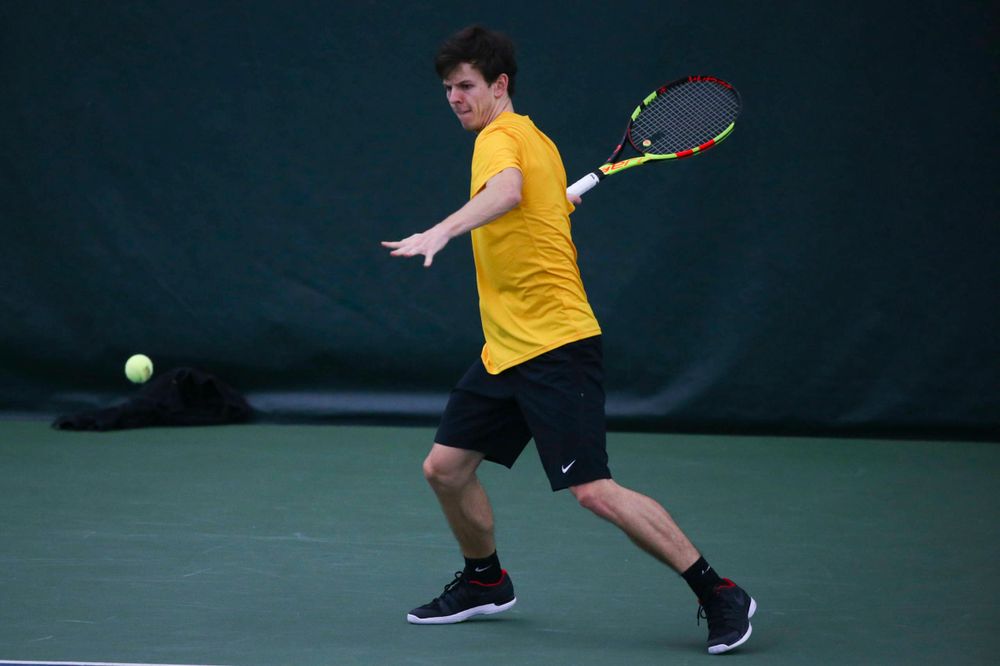 Iowa's Joe Tyler at a tennis match vs Drake Friday, March 8, 2019 at the Hawkeye Tennis and Recreation Complex. (Lily Smith/hawkeyesports.com)