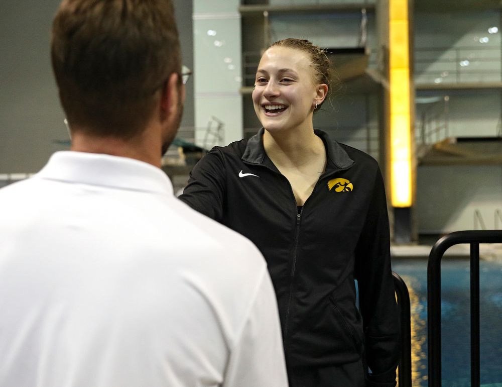 Iowa’s Samantha Tamborski on the awards stand after the women’s 3 meter diving final event during the 2020 Women’s Big Ten Swimming and Diving Championships at the Campus Recreation and Wellness Center in Iowa City on Friday, February 21, 2020. (Stephen Mally/hawkeyesports.com)
