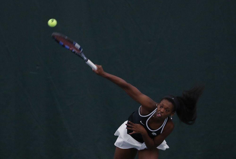 Iowa's Adorabol Huckleby during a doubles match against North Texas Sunday, January 20, 2019 at the Hawkeye Tennis and Recreation Center. (Brian Ray/hawkeyesports.com)