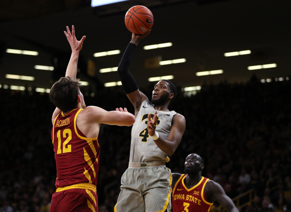 Iowa Hawkeyes guard Isaiah Moss (4) against the Iowa State Cyclones in the Iowa Corn Cy-Hawk Series Thursday, December 6, 2018 at Carver-Hawkeye Arena. (Brian Ray/hawkeyesports.com)