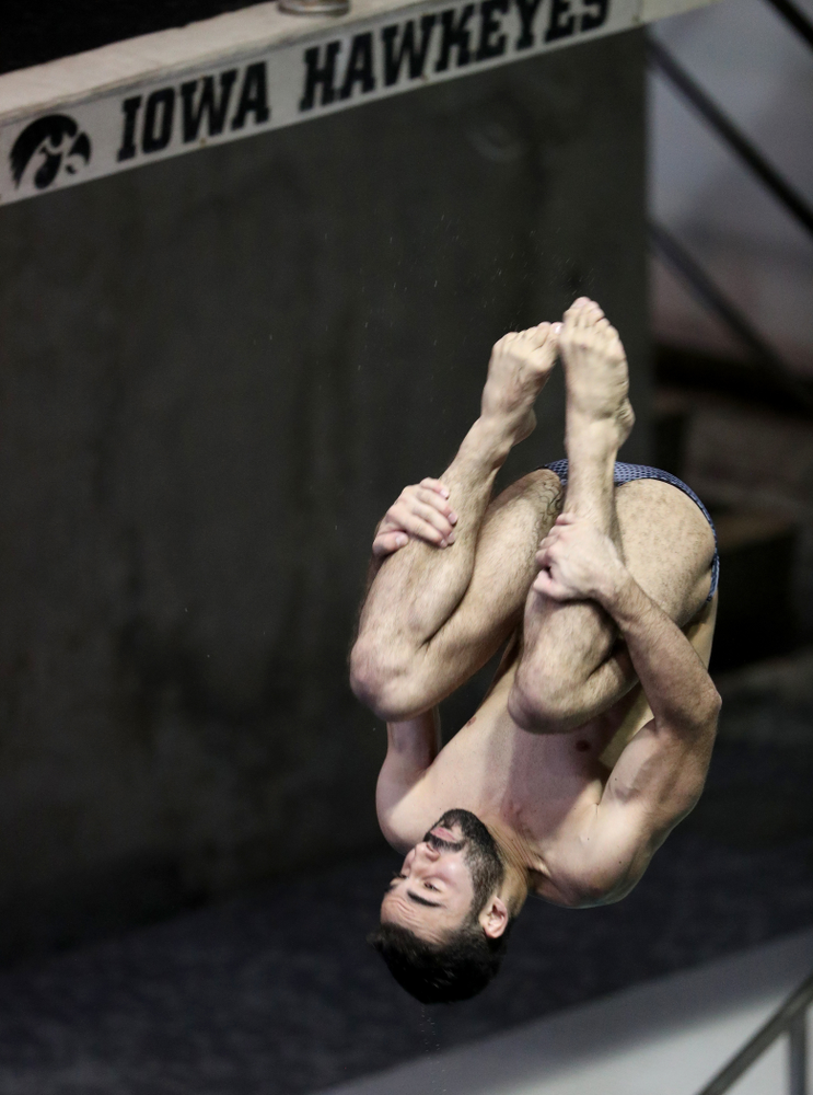 IowaÕs Mohamed Neuman competes on the 1 meter springboard against Notre Dame and Illinois Saturday, January 11, 2020 at the Campus Recreation and Wellness Center. (Brian Ray/hawkeyesports.com)