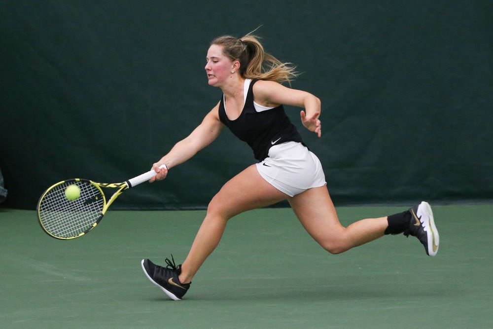 Iowa’s Danielle Burich during the Iowa women’s tennis meet vs DePaul on Friday, February 21, 2020 at the Hawkeye Tennis and Recreation Complex. (Lily Smith/hawkeyesports.com)