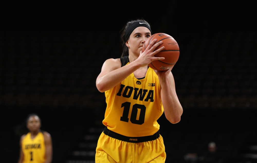 Iowa Hawkeyes forward Megan Gustafson (10) against the Michigan State Spartans Thursday, February 7, 2019 at Carver-Hawkeye Arena. (Brian Ray/hawkeyesports.com)