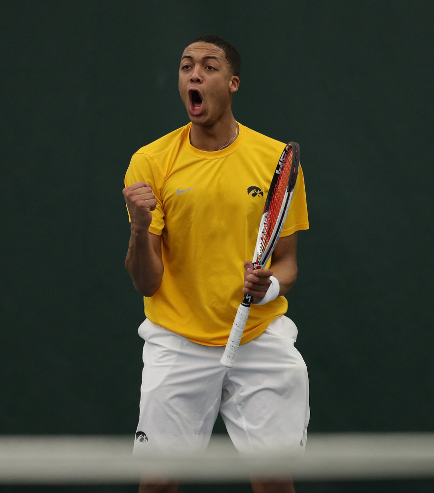 Oliver Okonkwo against Utah Sunday, February 10, 2019 at the Hawkeye Tennis and Recreation Complex. (Brian Ray/hawkeyesports.com)