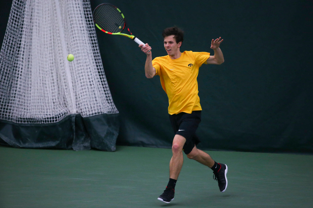 Iowa's Joe Tyler at a tennis match vs Drake Friday, March 8, 2019 at the Hawkeye Tennis and Recreation Complex. (Lily Smith/hawkeyesports.com)