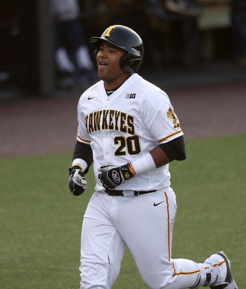 Iowa Hawkeyes Izaya Fullard (20) hits a home run during game one against UC Irvine Friday, May 3, 2019 at Duane Banks Field. (Brian Ray/hawkeyesports.com)