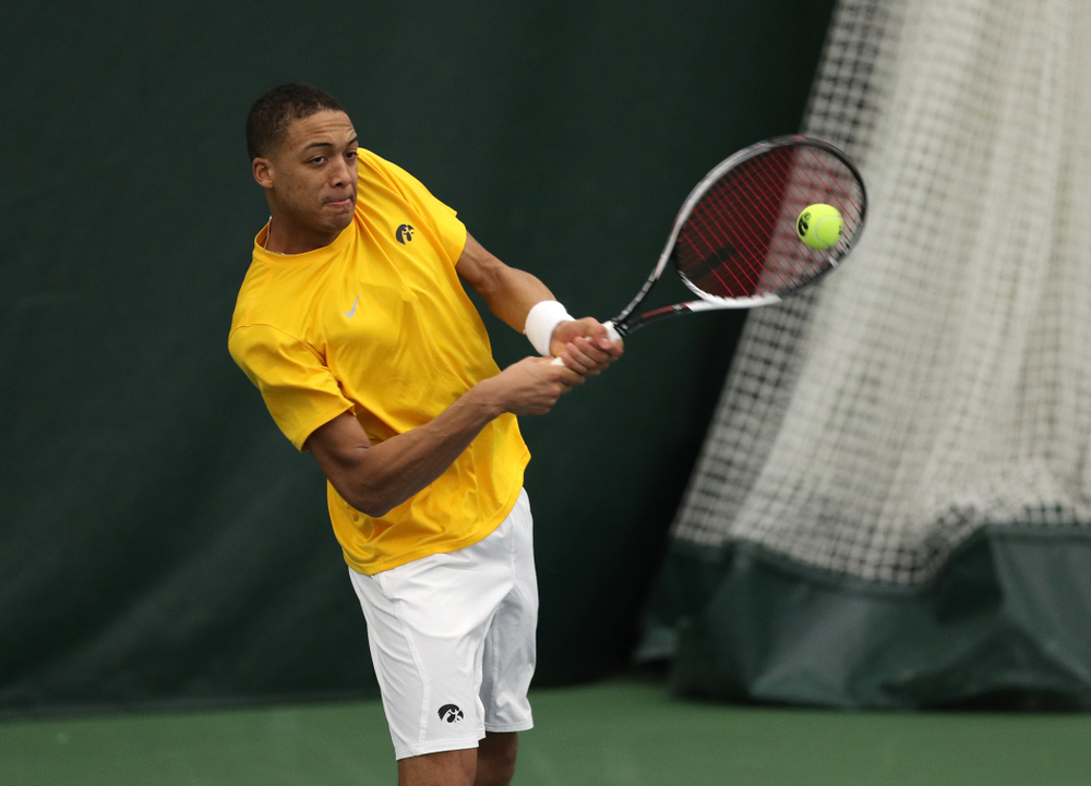 Oliver Okonkwo and Will Davies against Utah Sunday, February 10, 2019 at the Hawkeye Tennis and Recreation Complex. (Brian Ray/hawkeyesports.com)