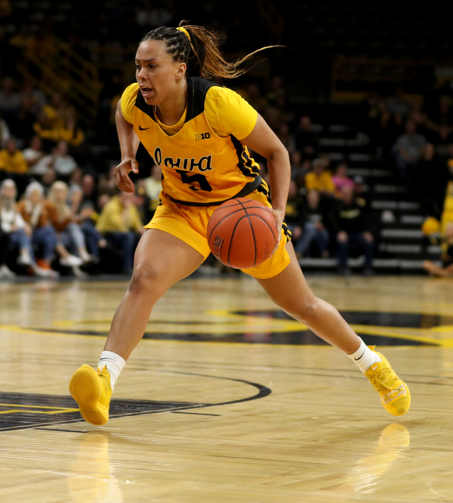 Iowa Hawkeyes guard Alexis Sevillian (5) against the Minnesota Golden Gophers Thursday, February 27, 2020 at Carver-Hawkeye Arena. (Brian Ray/hawkeyesports.com)
