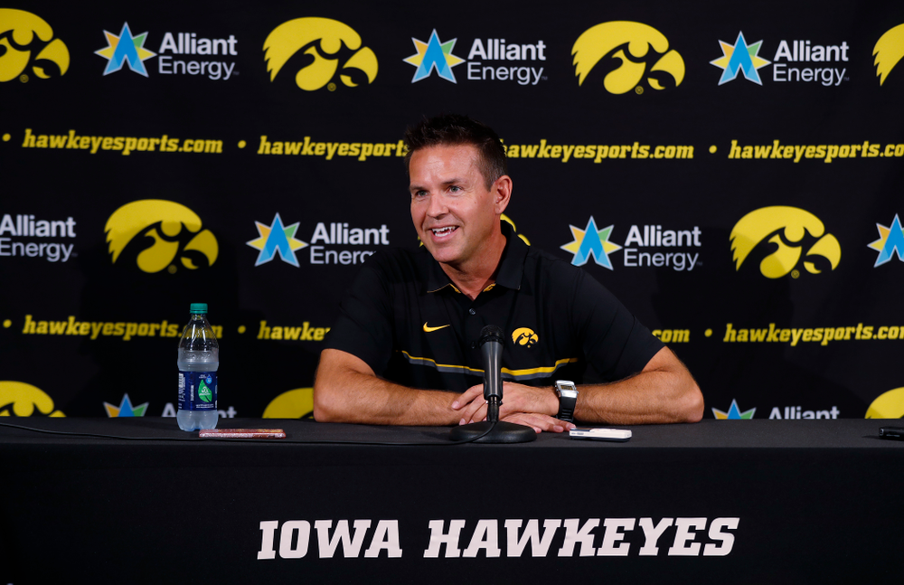 Iowa Hawkeyes head coach Bond Shymansky answers questions from reporters during the team's annual media day Friday, August 17, 2018 at Carver-Hawkye Arena. (Brian Ray/hawkeyesports.com)