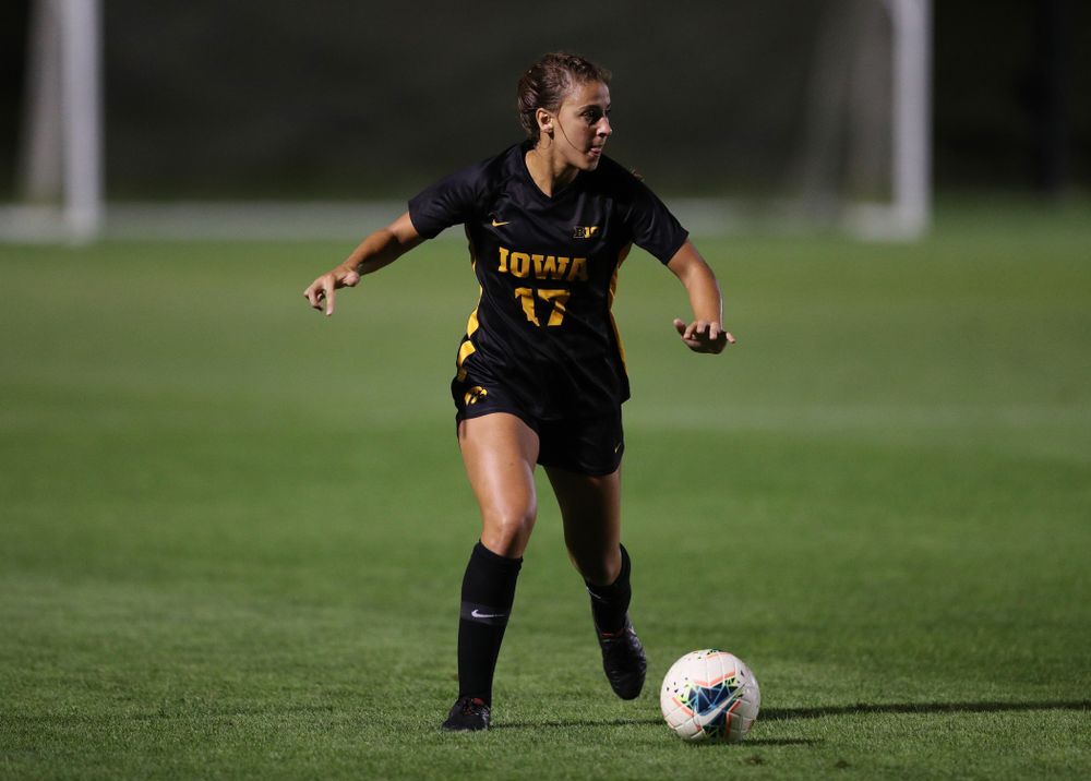 Iowa Hawkeyes defender Hannah Drkulec (17) during a 2-1 victory over the Iowa State Cyclones Thursday, August 29, 2019 in the Iowa Corn Cy-Hawk series at the Iowa Soccer Complex. (Brian Ray/hawkeyesports.com)
