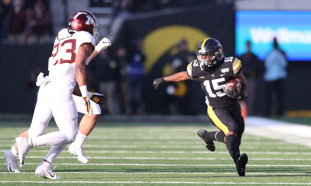 Iowa Hawkeyes running back Tyler Goodson (15) against Minnesota Saturday, September 28, 2019 at Kinnick Stadium. (Max Allen/hawkeyesports.com)